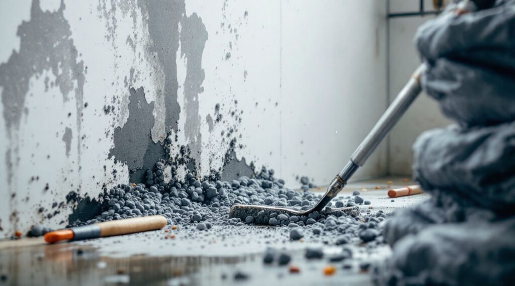 Iron Pro Mold Removal crew in full protective gear inspecting a mold-affected wall in a Sweeny home, focused and professional.