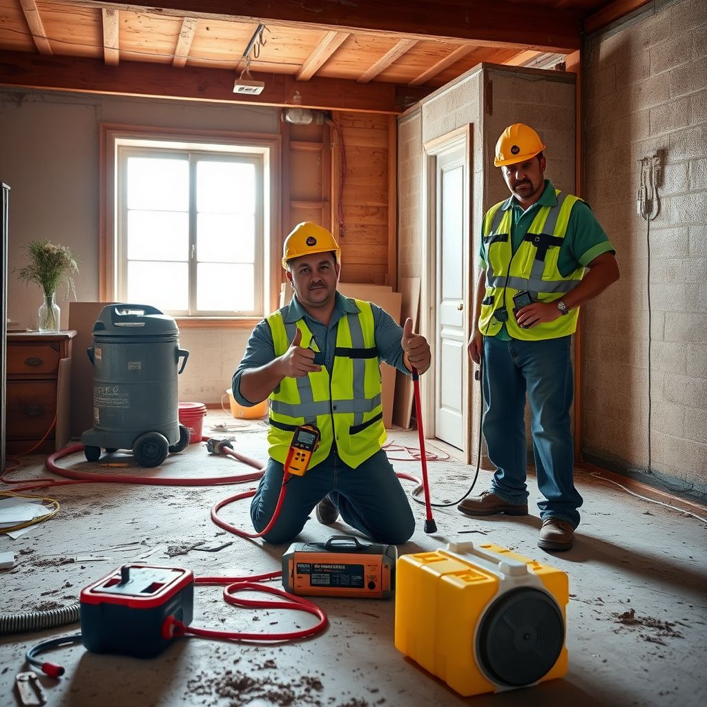 A certified mold remediation technician explaining a moisture reading to a homeowner inside an El Campo residence, pointing to a damp area on a wall.