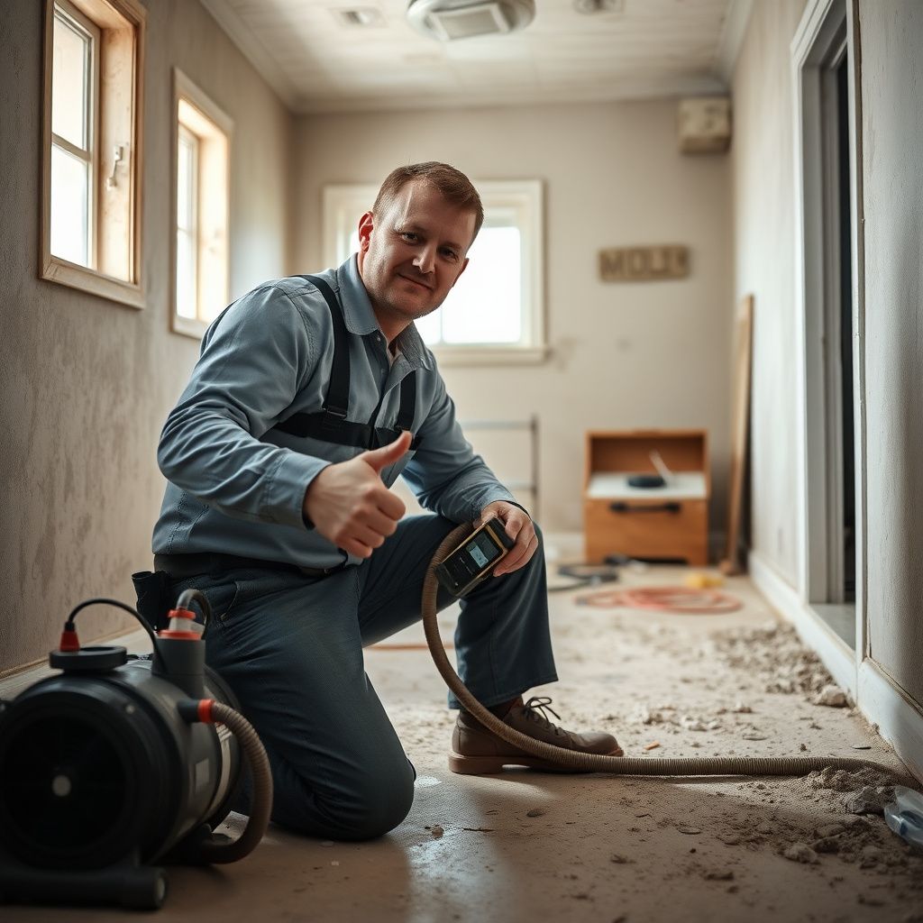An IICRC-certified mold remediation technician in full PPE carefully inspecting a subfloor for hidden mold in a Lake Jackson home.