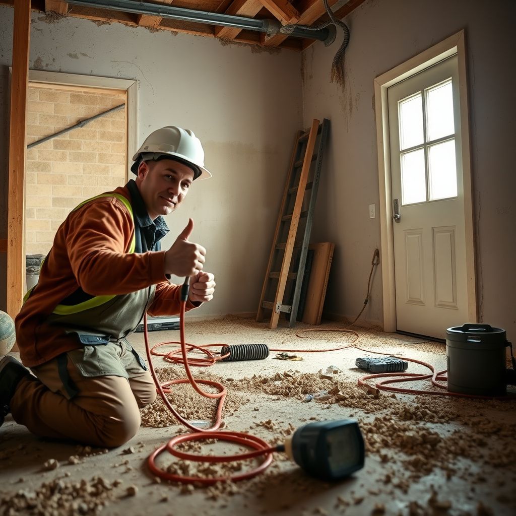 A certified mold remediation technician explaining a moisture reading to a homeowner inside a Freeport, Texas residence, highlighting transparency and expertise.